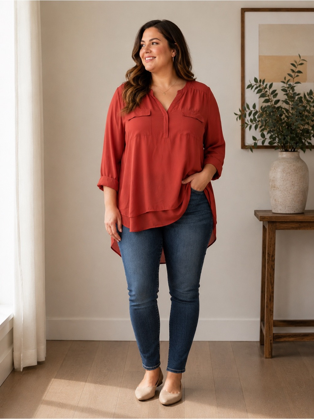 Torrid Harper Blouse Size 3 Rust 3/4 Sleeve Hi-Low Pullover Plus Size Top